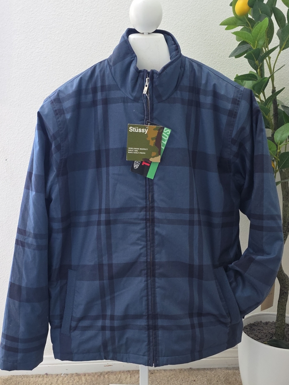 VTG Stüssy Plaid Thermore Full Zip Jacket Blue Men’s Medium NWT Deadstock Y2K